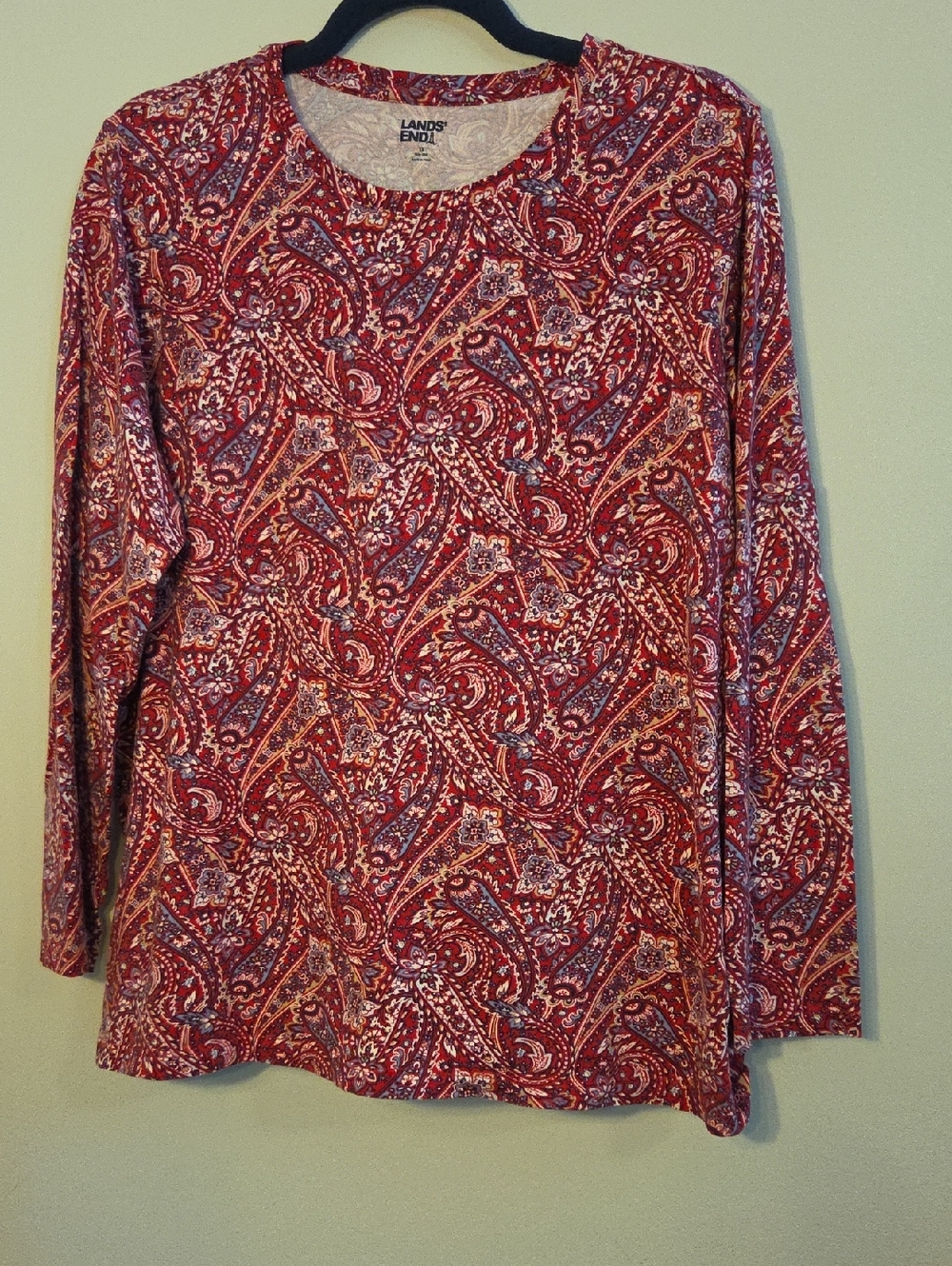 Lands' End Women's Red Paisley Long Sleeve Tee Top, 1x